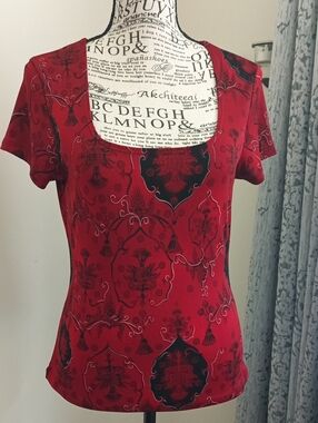 Vintage Per Seption Square-Neck Red Printed Short Sleeve Blouse